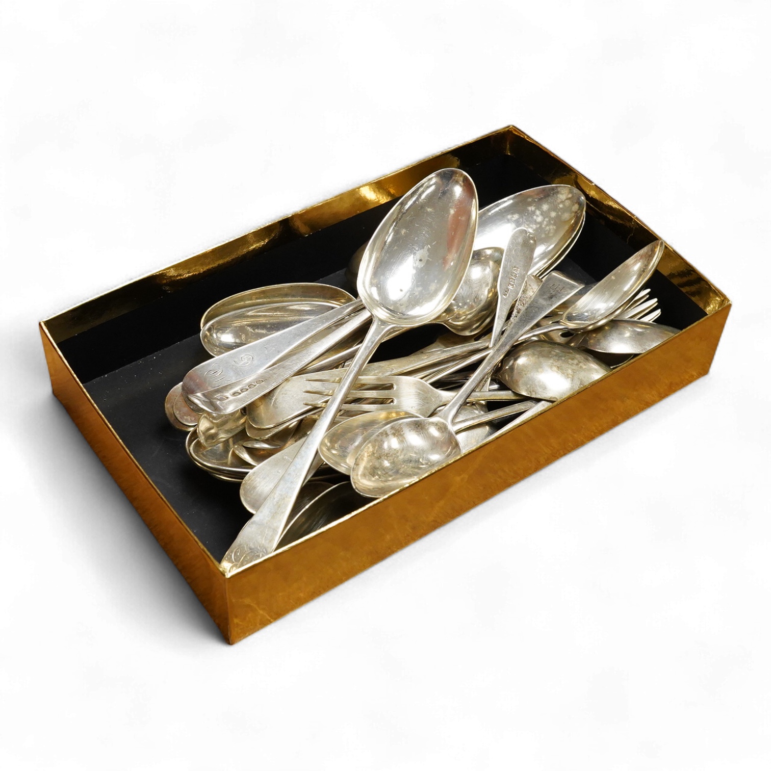 Thirty assorted items of mainly George III and later silver flatware, various dates, makers and patterns including five George II silver Hanoverian pattern table spoons, London, 1750, 42.1oz.